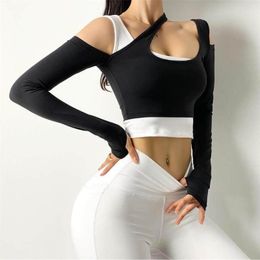 Actieve shirts vrouwen uit de schouder Shoulder String Shirt Snelle droge Yoga Gym Crop Top Blue Black Fitness Vrouw