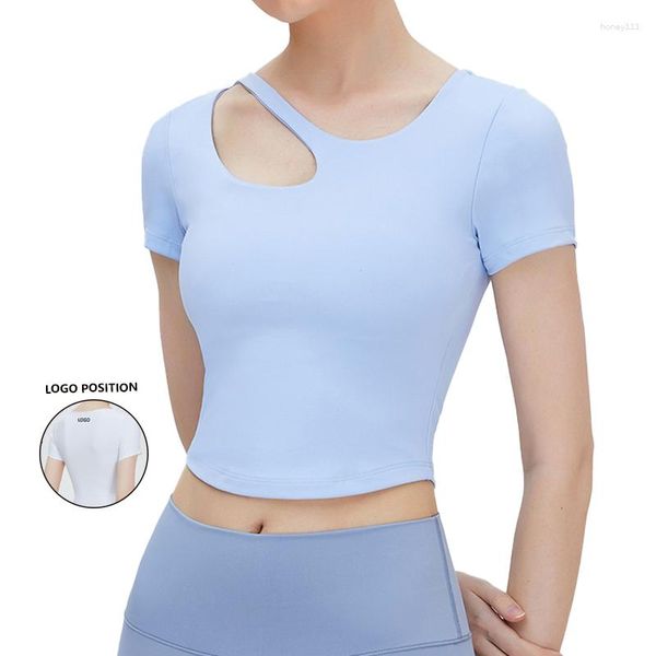 Chemises actives vêtements de Yoga en Nylon pour femmes, vêtements de sport à manches courtes, décolleté creux, costume de Fitness, T-shirt lisse en soie avec coussin de poitrine