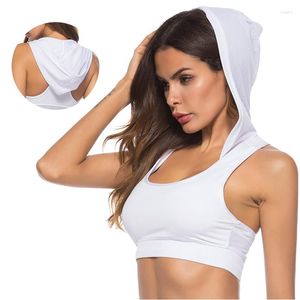 Camisas activas para mujer, Sujetador deportivo a prueba de golpes, camiseta negra sin mangas para gimnasio, camiseta corta de Yoga con capucha, chaleco de entrenamiento, traje de Fitness para correr para mujer