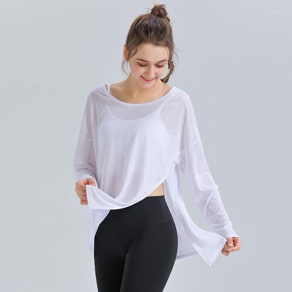 Camisas activas para mujer, Yoga, gimnasio, Fitness, manga larga, holgadas, para correr, entrenamiento, ropa transpirable de secado rápido, Tops con cuello en forma de U