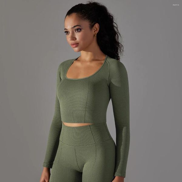 Chemises actives femmes chemise de Yoga haut de Sport manches longues Fitness vêtements de Sport élastique respirant manches Pilates hauts courts vêtements de Sport