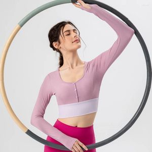 Chemises actives de Yoga pour femmes, hauts courts à manches longues en Nylon rembourré amovible, vêtements de sport de Fitness, Pilates élastique hautement respirant