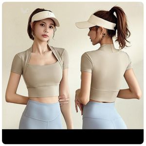 Chemises actives Yoga Vêtements de danse du ventre Femme Séchage rapide Sports de plein air Vêtements de fitness Corset Manches courtes Hauts Châle Nude Sense Doux pour la peau