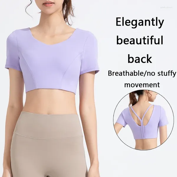 Camisas activas Ropa de yoga con almohadilla para el pecho Mujer Desnudo Sentido Apretado Espalda en forma de Y Camisetas deportivas de manga corta para correr