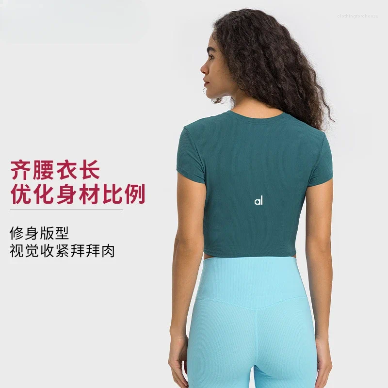 Camisas activas Yoga Topas cortas de cuello redondo enhebrado Las mujeres con mangas deportivas parecen ropa delástica delástica