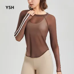 Chemises actives yushuhua maille sport tops femmes épisser les couleurs fitness long manches mince yoga gym gym slim sil rapide séchage