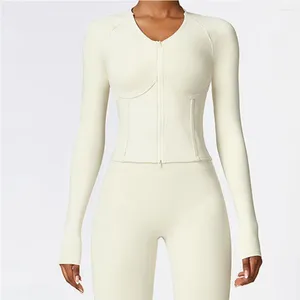 Chemises actives Veste à glissière Hauts à manches longues Yoga Gym Vêtements d'entraînement Femmes Sports Recadrée Push Up Fitness Séchage rapide Ajustement serré Hiver