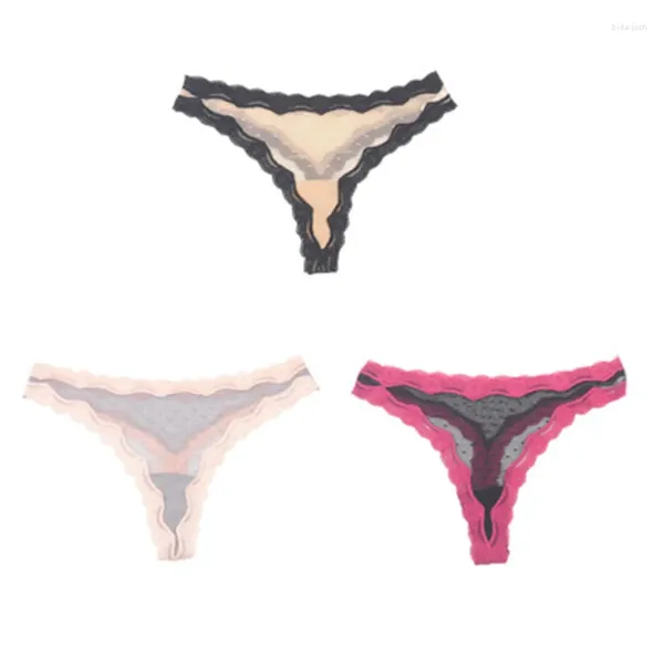 Pantalones cortos activos para mujer, ropa interior Sexy de 3 uds., Tanga de encaje de malla transparente, bragas femeninas de cintura baja transpirables sin costuras