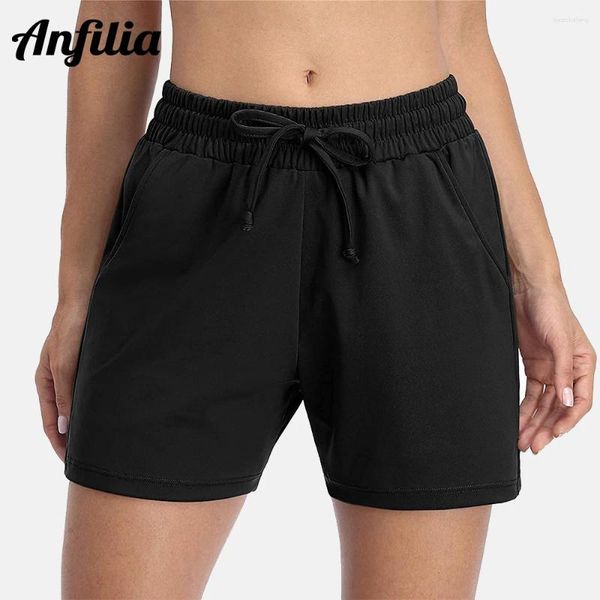 Pantalones cortos activos Anfilia para mujer, ropa de Yoga y Pilates, cintura media con cinturón para pantalón, ropa deportiva holgada lisa elástica con bolsillos