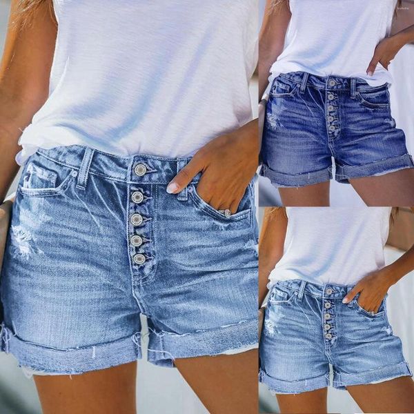 Shorts actifs pour femmes Sexy décontracté extensible Denim taille moyenne déchiré roulé pantalon à jambes larges taille haute Jag cordons