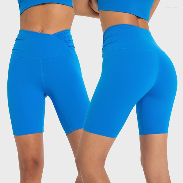 Shorts actifs taille haute croisé ruché Yoga pour les femmes contrôle du ventre entraînement Gym Spandex Biker 8 '' Leggings de Sport