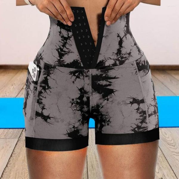 Pantalones cortos activos de cintura alta para correr para mujer, Yoga teñido anudado para cintura alta, Control de barriga, cierre frontal levantado a tope elástico