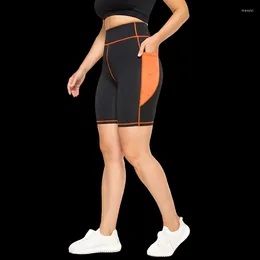 Actieve shorts oranje gesplitste elastische taille sport vrouwen buikcontrole yoga panty biker fitness gym leggings plus size l-4xl