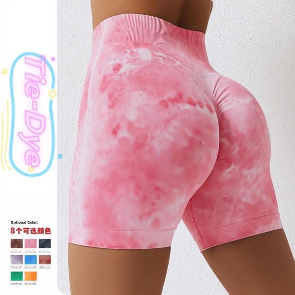 Pantalones cortos activos sin costuras Tie Dye Booty Push Up Wrinkle Bottom Mujer Yoga Pantalones Biker Gym Workout Mujeres Deporte Leggings cortos