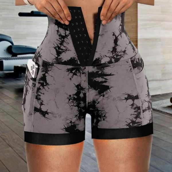 Pantalones cortos activos de verano para mujer, pantalones cortos de Yoga teñidos con lazo, cintura alta, Control de barriga, cierre frontal levantado a tope, bolsillos de compresión elásticos