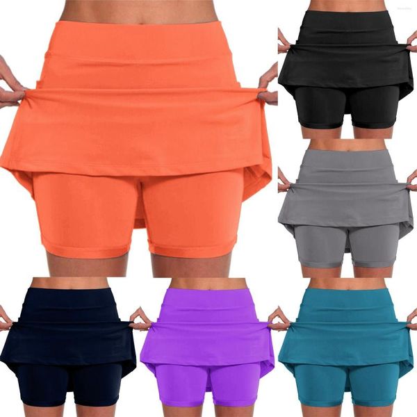 Pantalones cortos activos Pantalones de bolsillo para mujer Culottes de cintura media sólidos Faldas cortas Paquete de entrenamiento delgado