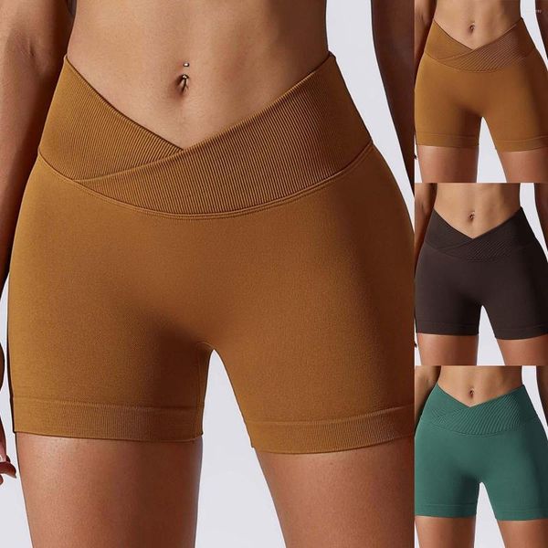 Pantalones cortos activos para mujer, Color sólido, elástico, cintura alta, para correr, Fitness, ajustados, deportes sin costuras, conjunto de columpio de Yoga aéreo