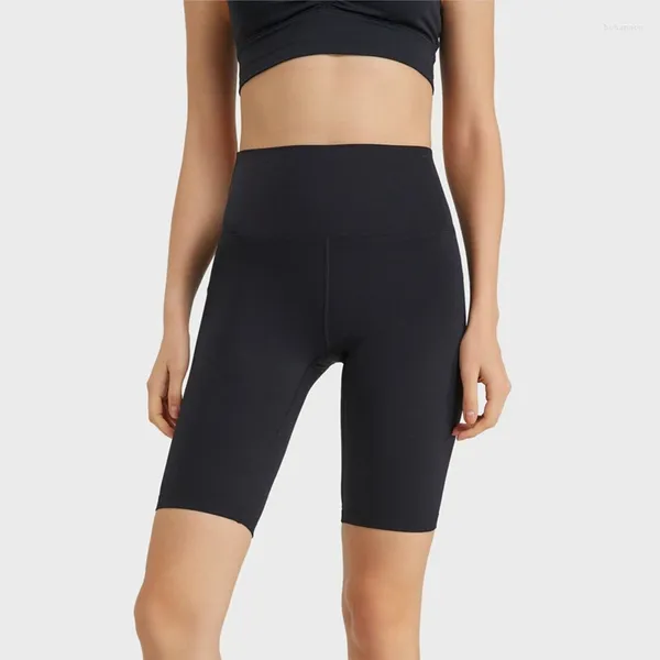 Pantalones cortos activos para mujer, deportes, entrenamiento físico, media cintura alta, levantamiento de cadera, pantalones de Yoga ajustados, elasticidad hasta la rodilla, mallas medias