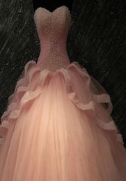 Werkelijk beeld Coral Quinceanera Dresses Vestidos de 15 anos Pearls Tule Lace Sweet 16 Jurk goedkope prom ball jurken 2018 op maat gemaakte1304489