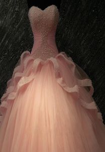 Imagen real Coral Quinceanera Vestidos Vestidos de 15 Anos Pearls Tulle Sweet 16 Vestido Vestidos de baile de baile de baile 2018 Custom Made1304489