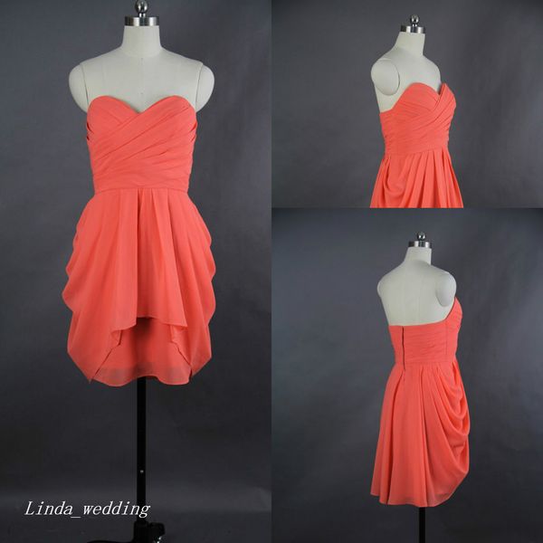 Muestra real Simple Corto Mini Coral Vestido de dama de honor Una línea Cariño Gasa Vestido de dama de honor para el vestido de fiesta de bodas Vestido de graduación