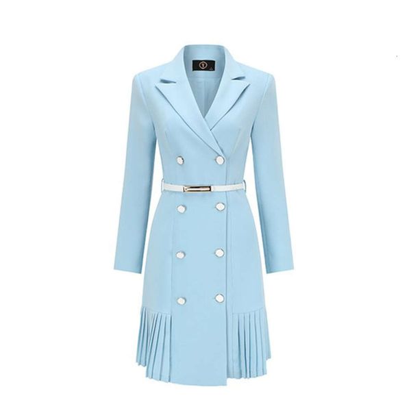 AD Robe bleue haut de gamme pour femmes au printemps et en été, jupe de costume de luxe légère à double boutonnage, jupe plissée à la taille, robe professionnelle de déplacement OL