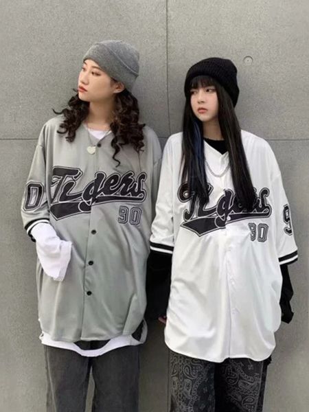 ADAgirl Baseball Oversize Blouse Femmes Streetwear Hip Hop Court Demi Manches Chemises Fille Vintage Imprimé Style Coréen Femme Tops 240328