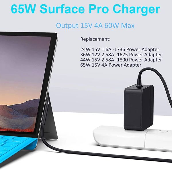 Adaptateur 65W 15V 4A Charger d'ordinateur portable pour Microsoft Surface Pro 3 4 5 6 7 8 X Adaptateur d'alimentation, ordinateur portable de surface 1 2 3, Ordinateur de surface pour ordinateur portable / tablette