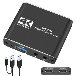 Adaptateur Audio Video Capture Carte avec Microphone 4K HDMI LOOP OUT, Recordance vidéo 1080p 60FPS, jeu, streaming en direct, commutateur / PS4, etc.