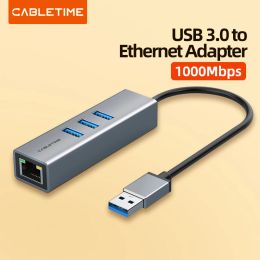 Adaptador CableTime USB 3.0 a Ethernet LAN Adaptador 1000Mbps USB3.0 HUB RJ45 convertidor para caja de la computadora portátil SetTop Settop Tarjeta de red USB C411