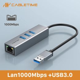 Adaptateur CableTime USB Ethernet Adaptateur 1000 Mbps USB3.0 à LAN Converter Hub 5Gbps pour le livre ordinateur portable MI Box S RJ45 Card réseau C411