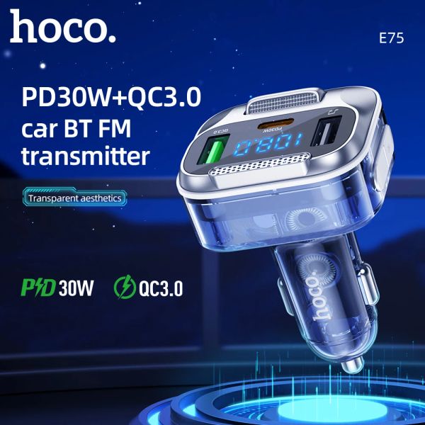 Adaptateur HOCO E75 Transparent PD30W QC3.0 Voiture Bluetooth 5.0 Transmetteur FM Mains Libres Modulateur Autoradio Lecteur MP3 Prise en Charge AUX Sortie FM