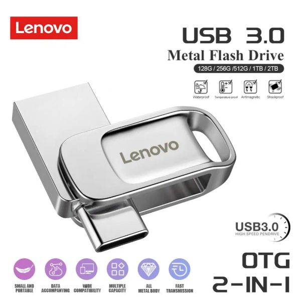 Adaptador Lenovo 2 en 1 OTG USB 3.0 Typec 2TB 1TB USB Flash Pen Drive Memory Stick USB 3.0 Disco Flash 128GB 256G 512G para computadoras portátiles/PC/TV