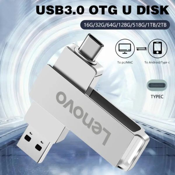 Adaptador Lenovo 2TB Drank Drive 2 en 1 Pendrive de alta velocidad 128GB 256GB 512GB 1TB USB 3.0 Typec Waterproof USB Stick OTG USB Memoria