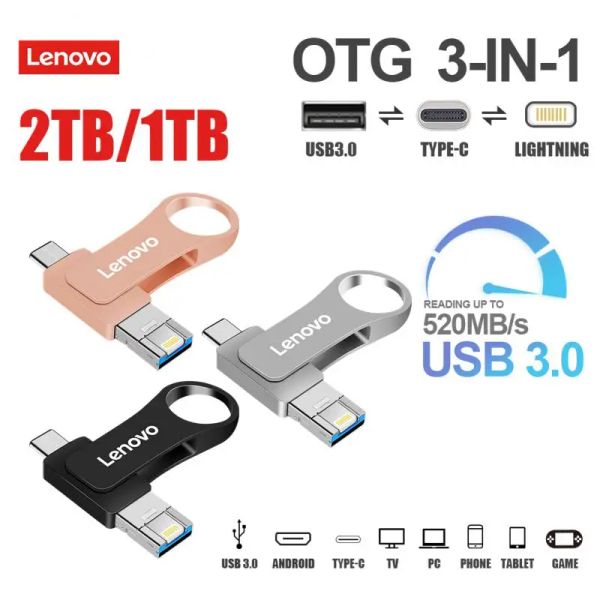 Adaptateur Lenovo Pen Drive 2TB 1TB DUVLE USB USB pour iPhone OTG Typec USB3.0 Métal Pendrive Stick Memory