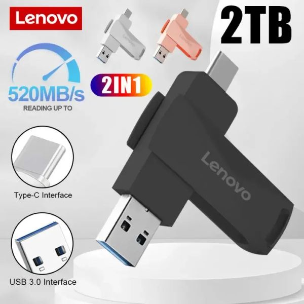 Adaptador Lenovo USB 3.0 Drive Flash 2TB 1TB 128GB Super Tiny Pen Drive Metal Flash Disk Impermeable Memoria de almacenamiento móvil Memoria USB para PC