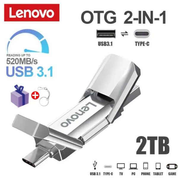 Adaptateur Lenovo USB 3.1 2 To lecteur flash 2 en 1 OTG 1 To 512 Go de haut débit Mémoire U Mémoire de disque Typec Usb imperméable Stick pour le téléviseur PC de bureau