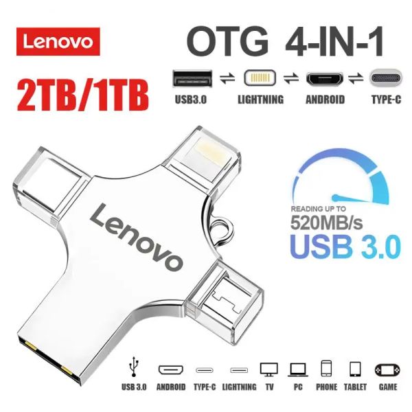 Adaptador Lenovo USB Flash Drive Android 2TB Lightning OTG Pen Drive 1 TB Silver Typec Memory Stick 4 en 1 Micro USB 3.0 Stick para PC