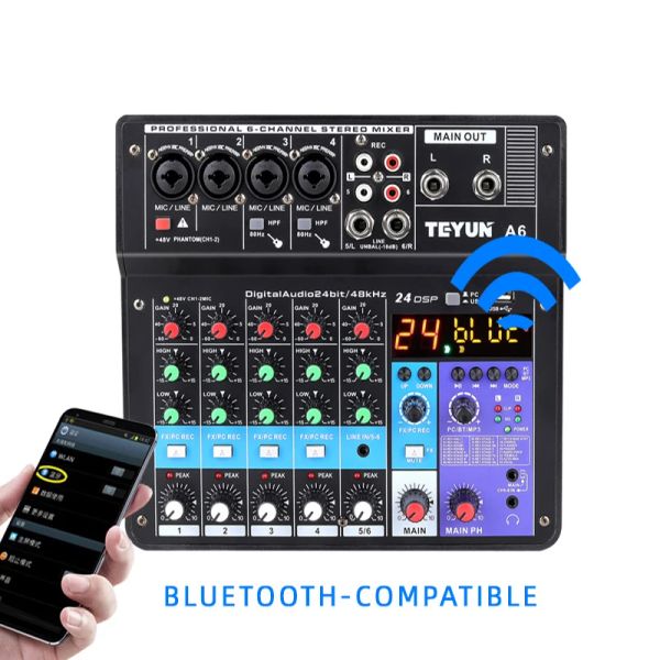 Adaptateur nouveau 48V Fantasy Power Mixer professionnel 6Channel USB Digital Sound Carte DJ Audio Mixer pour Teyun