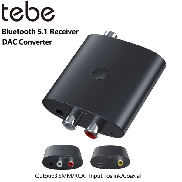 Adaptateur tebe bluetooth 5.1 récepteur audio convertisseur DAC convertisseur toslink coaxial à r / l 3,5 mm AUX à adaptateur analogique