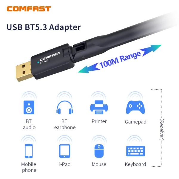 Adaptateurs / Dongles Bluetooth 5.3 Adaptador para PC USB Adaptateur Bluetooth Récepteur Transmisor Dongle de Ordinateur de haut-parleur sans fil récepteur audio 100m