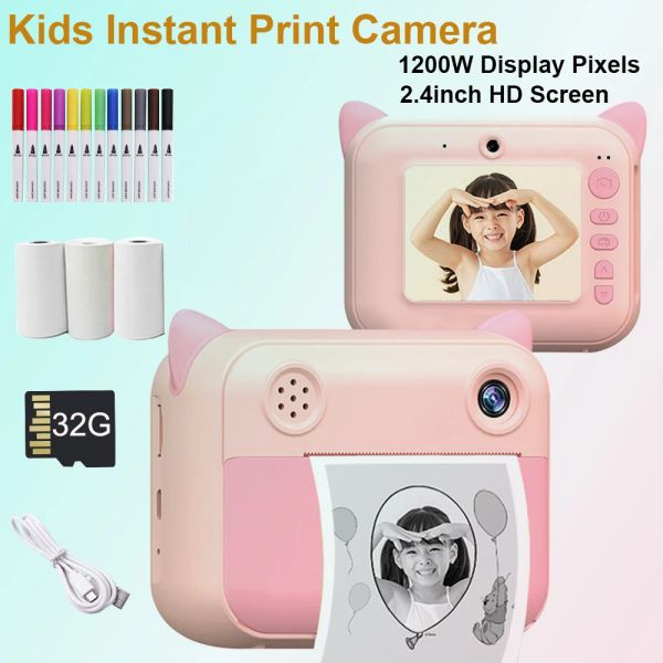 Adaptadores Cámara de impresión instantánea para niños 1080p HD Digital Camera con papel fotográfico Cámara de juguetes para niños para regalo de cumpleaños