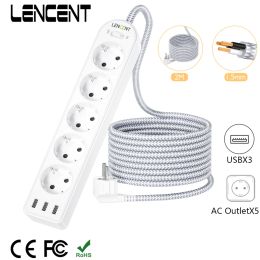 Adapters Lencent EU -stroomstrook met 5 stopcontacten en 3 USB -poorten 5V/2.4A 4000W 8 in 1 meervoudige socket met aan/uit schakelaar 2/3m kabelbus