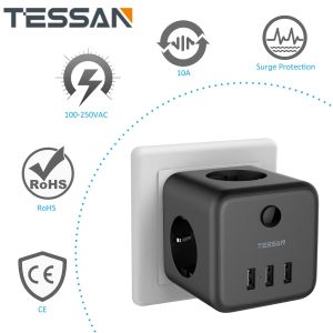 Adapters Tessan EU KR -plugstrook met schakelaar aan/uit 3 AC -stopcontacten 3 USB -oplaadpoorten 5V 2.4A Draagbare multi -socket Power Adapter