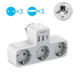 Adaptateurs Tessan Eu Wall Socket Extender avec 3 prises AC et 3 ports USB 5V 2.4A Adaptateur Power Adaptateur Protection de surcharge pour la maison / le bureau