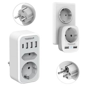 Adaptateurs Tessan European Vertical Power Strip avec 2 prises AC 1 Port de type C 3 USB A Adaptateur de socket d'extension de la fiche UE pour les voyages à domicile