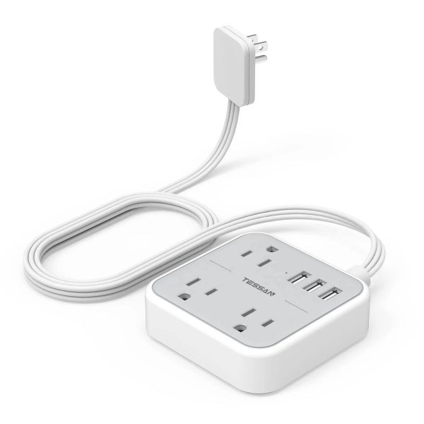 Adaptadores Tessan Flat Plan Power Strip 5 Ft Cable de extensión ultra delgada con 3 puntos de venta 3 puertos USB para cruceros, oficina, escuela, viaje