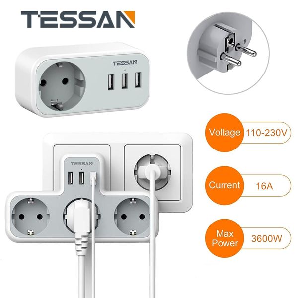 Adaptateurs Tessan plusieurs douilles de socket EU Plug Power With avec 3 prises UE et 3 ports USB Mur Mur USB Charger du chargeur de chargement Protection de surcharge