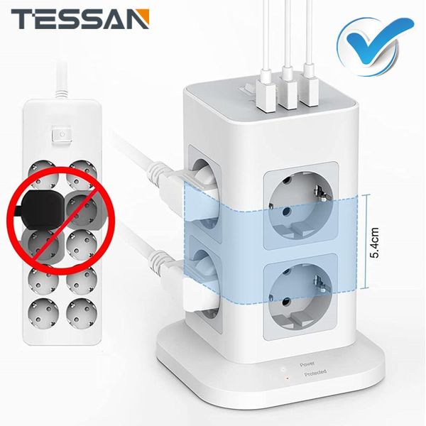 Adaptadores Torre Tessan Power Strip Potencia Múltiple enchufe vertical con interruptor 8 Sockets 3 Puertos USB Protección contra sobretensiones de cable de 2 m para la oficina en casa