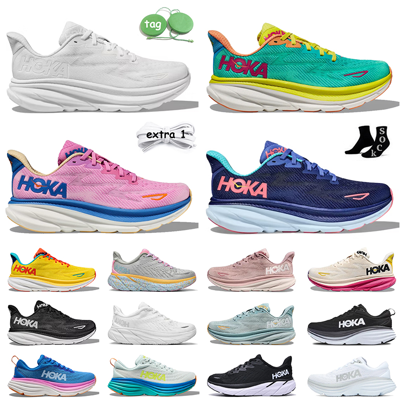 Hoka löpskor kvinnor herr hokas clifton 9 bondi 8 mesh vit svart blå cyklamen söt lila rosa skum på molnlöpare sporttränare gratis människor sneakers